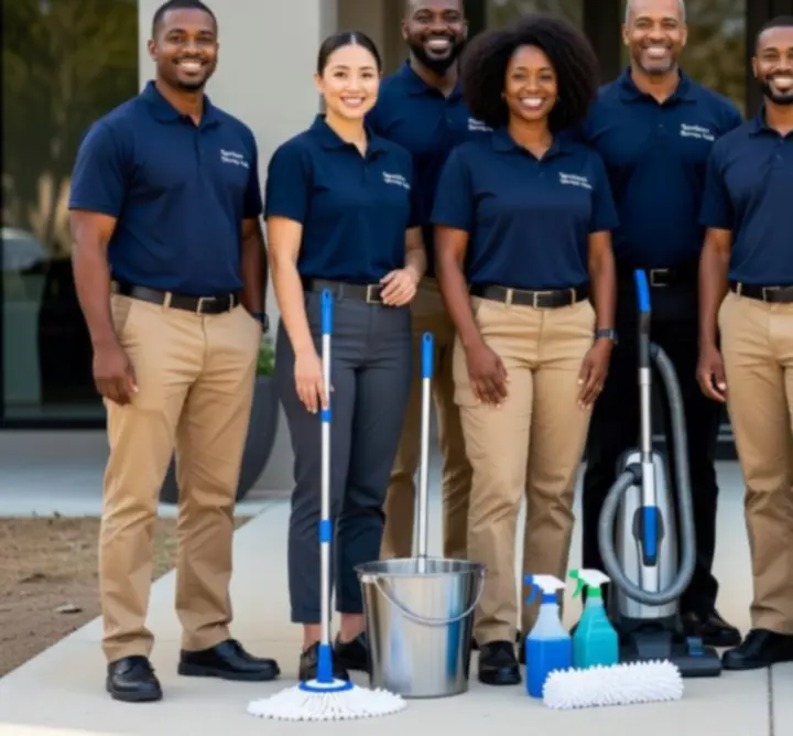 Professional cleaning team ready with equipment and uniforms