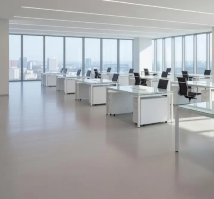 Professional cleaners performing office cleaning in a modern commercial workspace