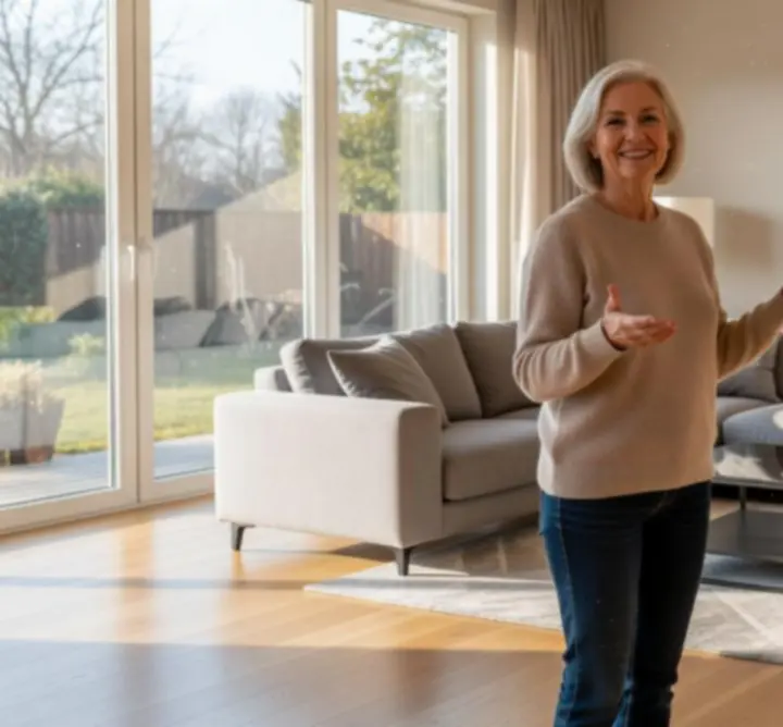 Smiling client relaxing in a freshly cleaned living room