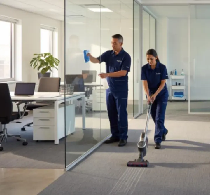 Professional cleaning team servicing a modern office