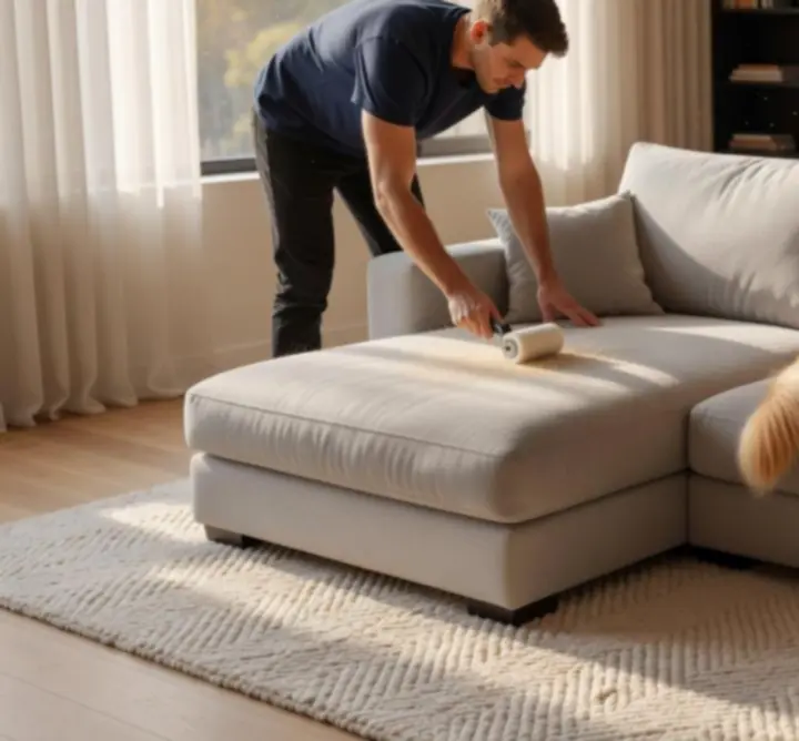 Removing pet hair from a fabric couch with a cleaning tool