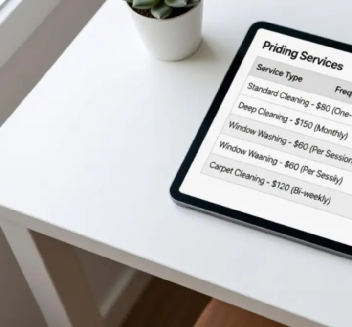 Spotless Service Hub pricing table illustration showing cleaning package tiers
